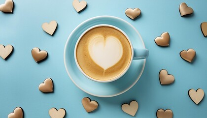 Wall Mural - love composition made of heart shaped cappuccino on pastel blue background minimal concept of valentine s day or love creative art minimal aesthetics top view flat lay
