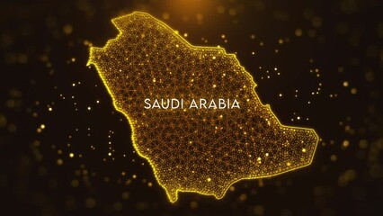 Wall Mural - Digital Space Golden Yellow Shiny Blurry Focus Wavy Glitter Sparkle Dust Particles of Saudi Arabia Map and Text Motion Reveal with Light Flare