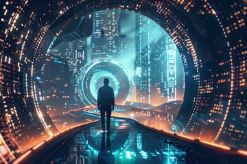 Aufkleber - A person walking through a sci-fi tunnel illuminated with orange light, reflecting a theme of exploration