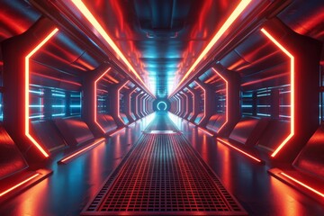 Aufkleber - A sci-fi tunnel with red neon lighting creating an intriguing and futuristic space atmosphere