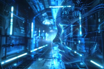 Poster - A visually captivating digital representation of a human face overlaid with flowing data and code