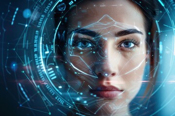 Poster - A striking image of a woman with advanced digital facial recognition mapping her features, symbolizing future technology