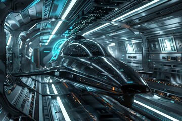 A highly detailed spaceship is docked in a futuristic spaceship hangar