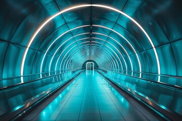 Aufkleber - The image features a modern, circular tunnel illuminated with a vibrant blue light, creating a futuristic atmosphere