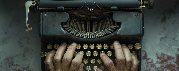 Close-up view of hands typing on a black vintage typewriter on a textured background