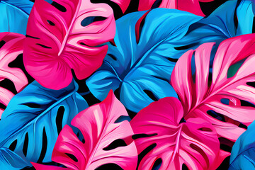 Canvas Print - This scene bursts with vibrant energy, showcasing tropical leaves in a dazzling array of pink and blue hues. Imagine oversized monstera leaves in electric blue, their veins a shocking pink. 