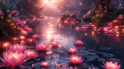 Aufkleber - A mystical forest pond with pink glowing flowers floating on the waters surface.
