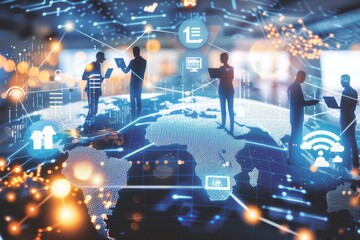 Poster - Futuristic global digital network with interconnected data, emphasizing technology, innovation, and communication in cyberspace, Generative AI