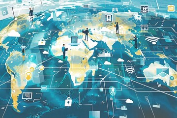 Aufkleber - Global digital network with interconnected data points, representing futuristic technology and innovative communication systems, Generative AI