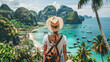 Back view of a traveler woman at beautiful island