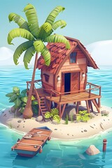 Wall Mural - Small square bungalow on island