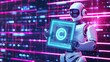 © merida - AI robot holding copyrighted artwork, representing AI copyright protection in a tech-inspired digital grid background.