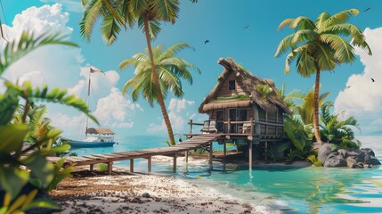 Wall Mural - Small square bungalow on island