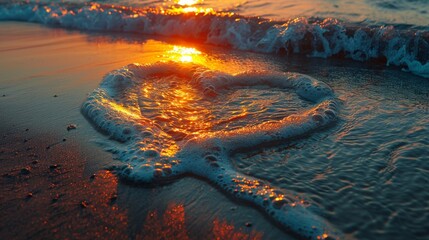 Wall Mural - Warm sunset over the ocean with a natural heart-shaped sea foam on the sandy beach