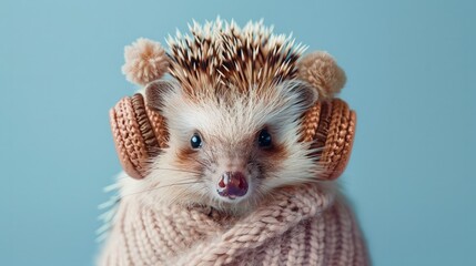 Hedgehog in warm autumn clothing with earmuffs