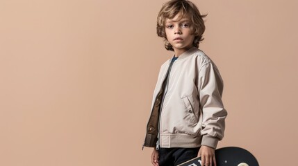 Boy in bomber jacket with skateboard on isolated beige background