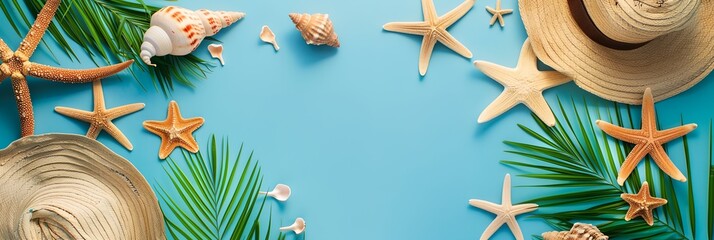 Wall Mural - a blue background with a hat, starfish, and palm leaves