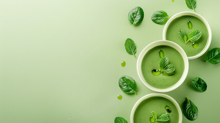 Wall Mural - Fresh Pea Mint and Kale Soup Garnished with Chilli on Light Green Background - Healthy Plant-Based Cuisine Concept Stock Photo