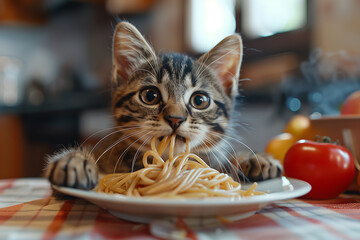 Wall Mural - cat eating spaghetti Delicious in the kitchen.