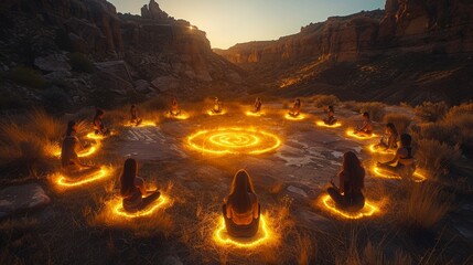Poster - A group of people meditate in a circle surrounded by glowing rings of light in a desert canyon at sunset.