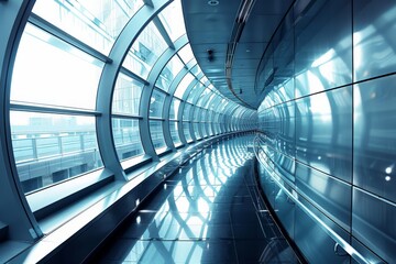 Poster - Modern architecture featuring a long, curved glass tunnel with a reflective blue surface and sleek design