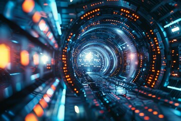Aufkleber - a detailed science fiction tunnel illuminated with intense red and blue lighting in a spiral form