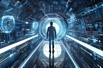 Aufkleber - A person walks towards a bright light down a high-tech corridor with digital patterns and neon lights