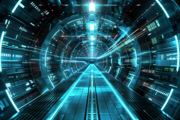 Poster - This image features a visually arresting science fiction tunnel with bright blue and white neon lighting effects