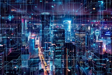 Poster - Image of a city skyline at night with vibrant neon colors and a digital grid superimposed on the scene