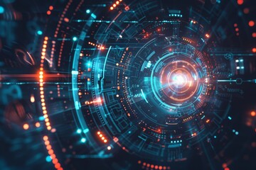 Aufkleber - Dynamic image showing a complex cybernetic interface with vibrant lights and digital elements, conveying concepts of connectivity and data flow