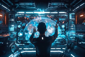 Leinwandbilder - A person operates a sophisticated holographic display in a high-tech environment, suggesting advanced technology and innovation