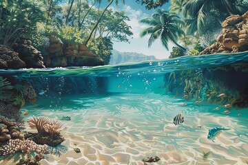 Wall Mural - A picturesque view of a tropical lagoon with palm trees and crystal-clear turquoise water. The underwater scene reveals a vibrant coral reef teeming with colorful fish. Generative AI