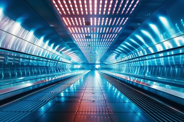 Poster - An evenly illuminated futuristic corridor with patterned ceiling lights and blue accents suggesting a high-tech environment