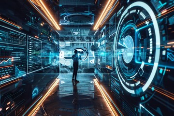 Leinwandbilder - A digital composite showing a person's silhouette in a complex control room with futuristic holographic displays and interfaces