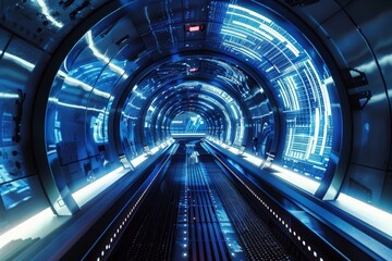 Poster - This image presents a futuristic tunnel concept with engaging blue light patterns and a high-tech ambiance