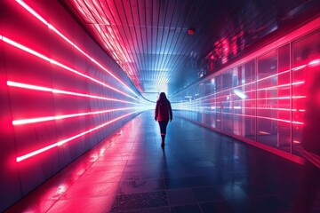 Poster - A vibrant photograph of a woman walking in a corridor with red neon lights, creating a dynamic and modern atmosphere