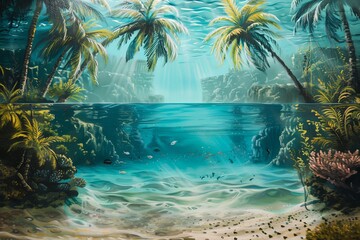 Wall Mural - A vibrant depiction of a tropical lagoon with clear turquoise water, lush palm trees, and a colorful underwater reef teeming with fish. Generative AI