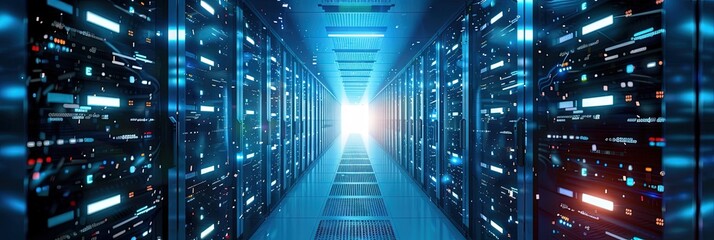 IT infrastructure as software code network and TV streaming concept in glowing blue with cloud data