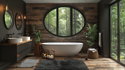 A black bathroom with a wooden wall, a large mirror and a bathtub in the center of the room, a black modern wardrobe on one side, a large oval window above the sink.