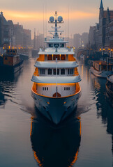 Wall Mural - A large white boat is sailing through a canal at dusk. The water is calm and the sky is cloudy