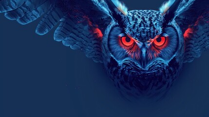 cybernetic owl with glowing red eyes with dark blue background. generative ai image