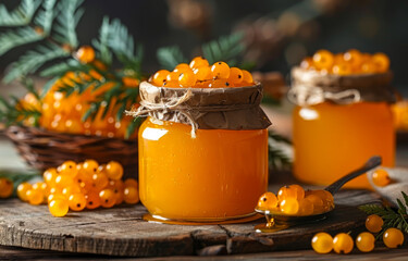 Wall Mural - Two jars of honey with a spoon in one of them. The jars are filled with small orange berries