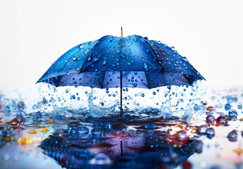 a blue umbrella is sitting in a puddle of water