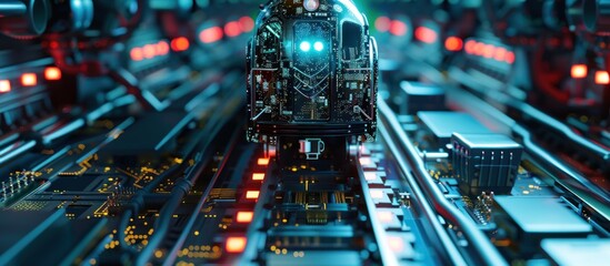 Futuristic circuit board with hologram train with glowing neon light. generative AI image