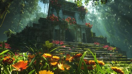 Fototapete - A view of an ancient temples stone steps, overgrown with vibrant green plants and flowers, set against the backdrop of a dense, lush jungle.