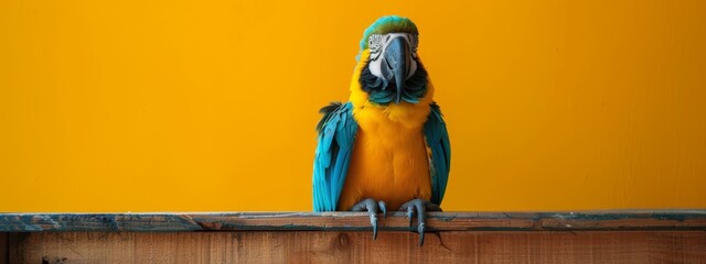  A blue-and-yellow parrot perches on a wooden table, nearby is a yellow wall