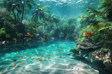 Wall Mural - A vibrant tropical lagoon with lush palm trees, clear turquoise water, and a glimpse of colorful fish swimming among coral reefs. Generative AI