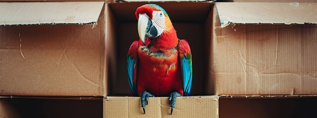 Wall Mural -  A parrot atop a cardboard box Another box nearby, both holding a cardboard box each