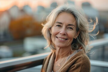 Wall Mural - Urban Autumn Mature Woman Enjoying City Terrace Weather