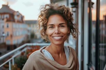 Wall Mural - Urban Autumn Mature Woman Enjoying City Terrace Weather